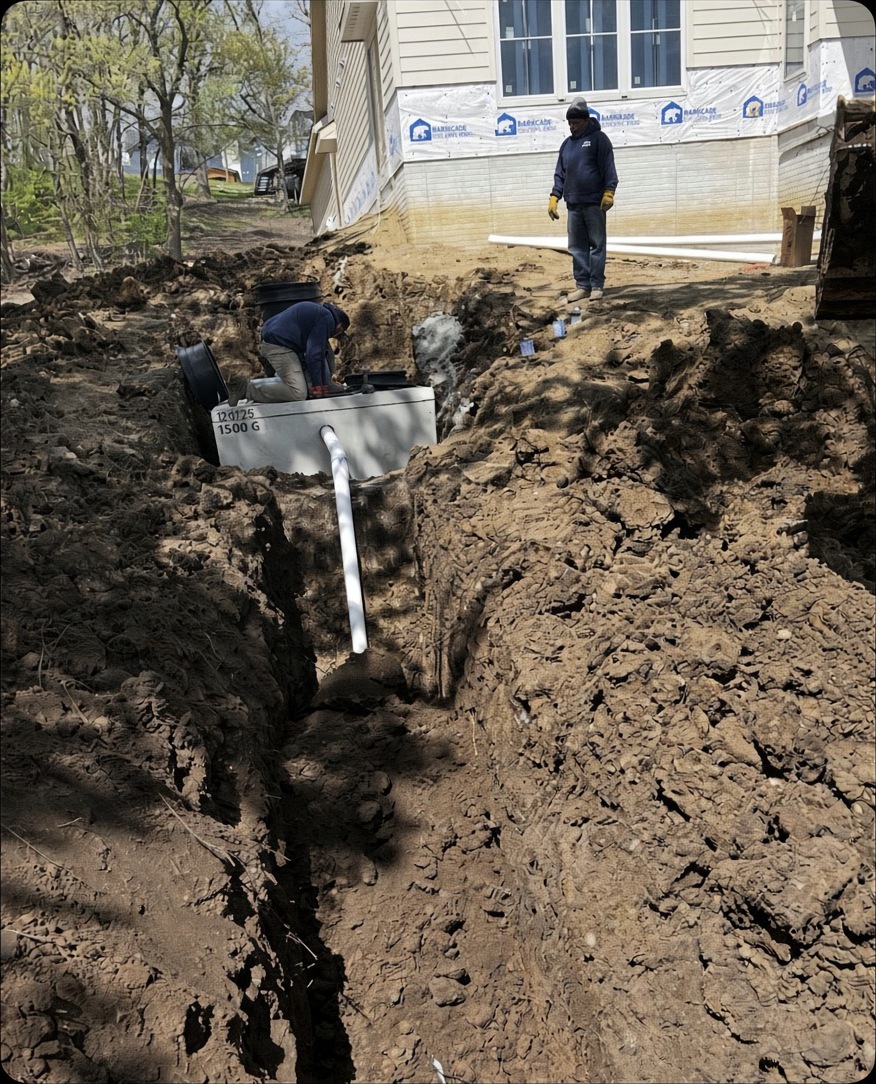 Private sewer line excavation with tank and PVC pipe installation